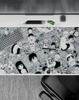 Mint gray anime desk pad 40x20 inches with crisp black line art, playful café vibes and comedy.