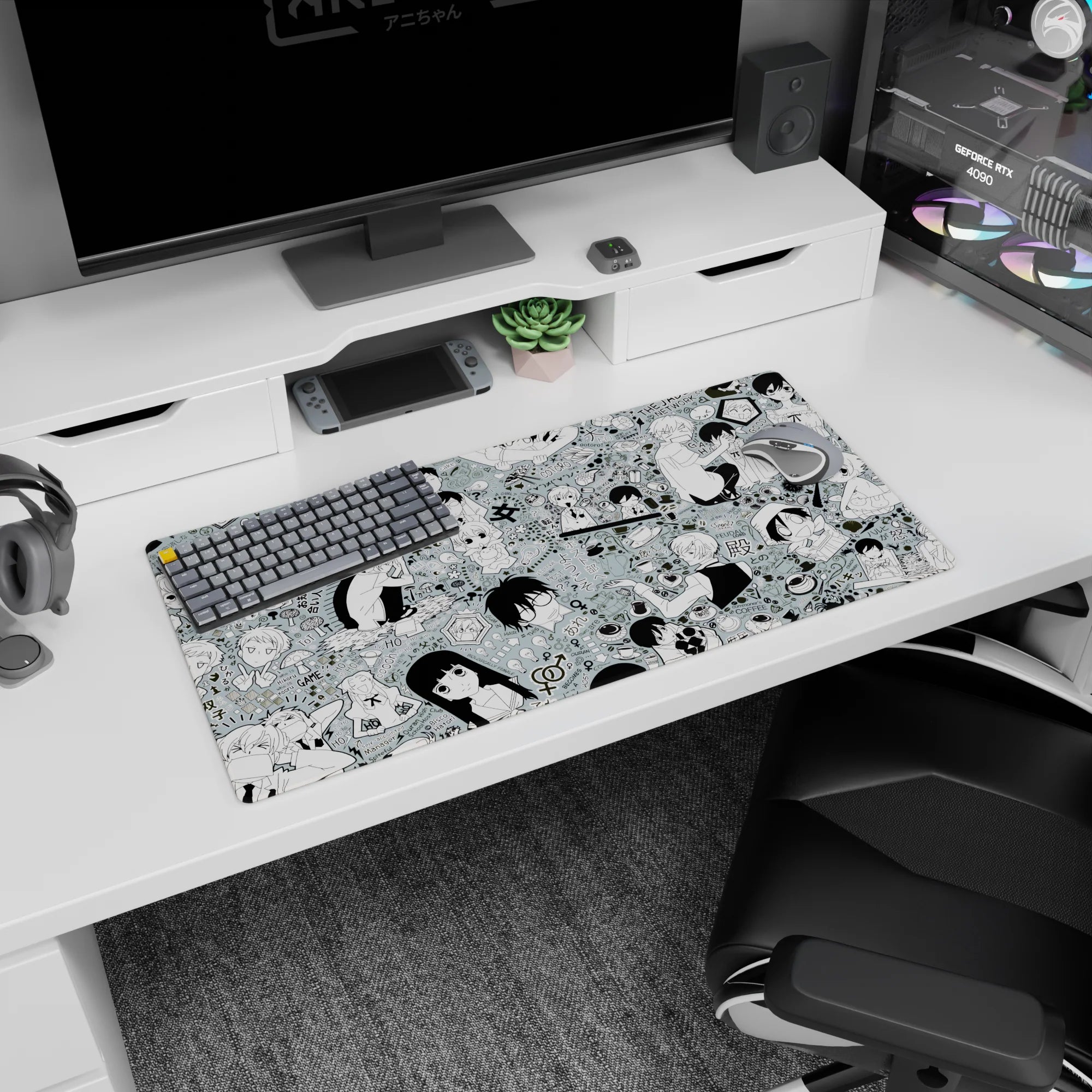 Chibi Host Club reactions with speech bubbles, candy and snacks on a sketchy collage mouse pad, 32x16 inches.