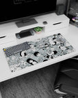 Chibi Host Club reactions with speech bubbles, candy and snacks on a sketchy collage mouse pad, 32x16 inches.