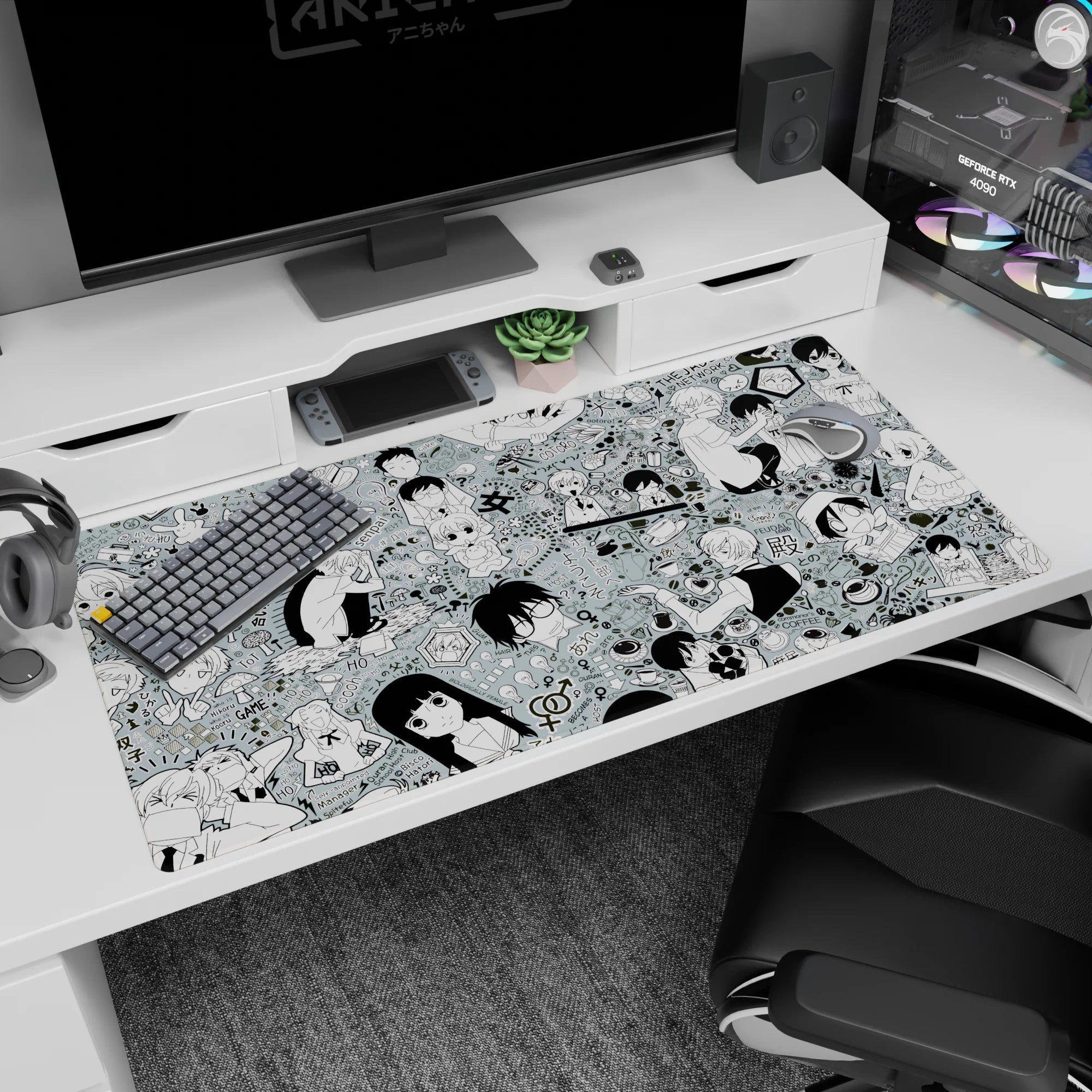 Ouran Host Club chibi scene desk pad 40x20 inches with winks, pouts, speech bubbles and candy.