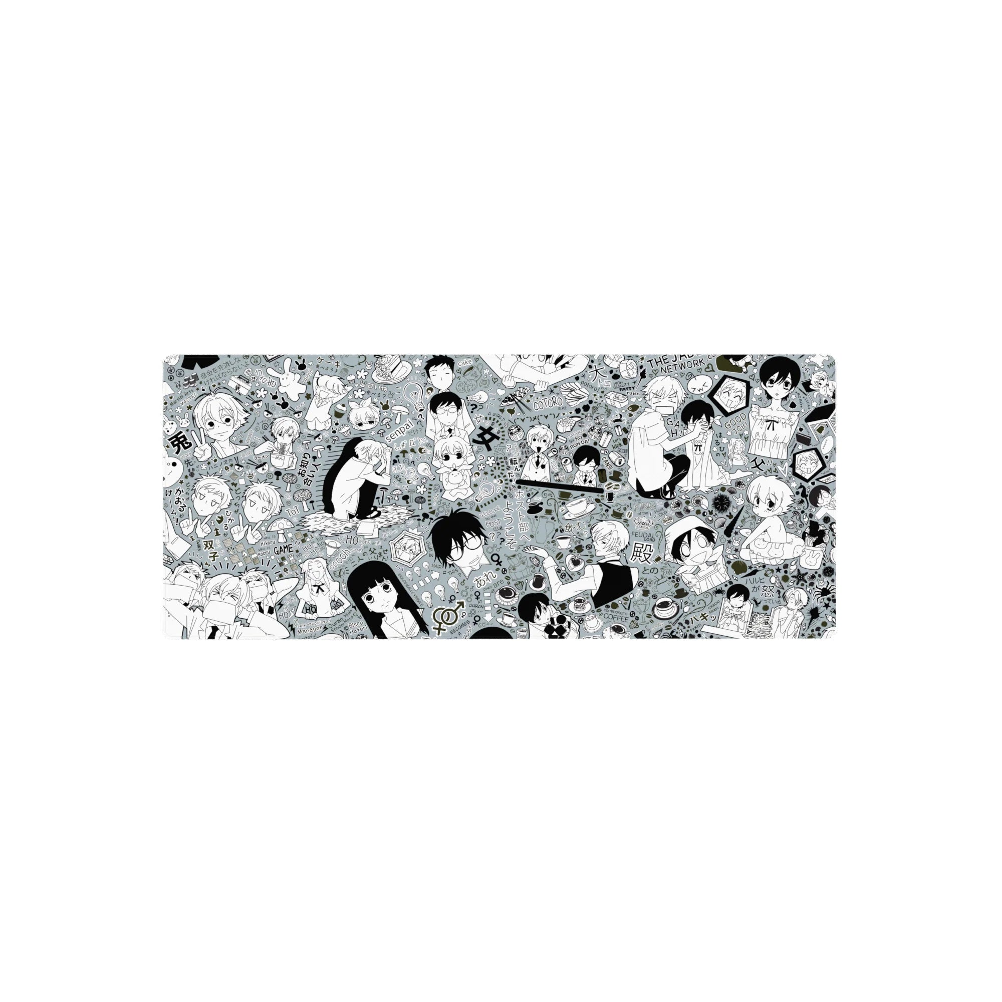 28x12 inches Ouran High School Host Club collage anime mouse pad with chibi faces, snacks, doodles.