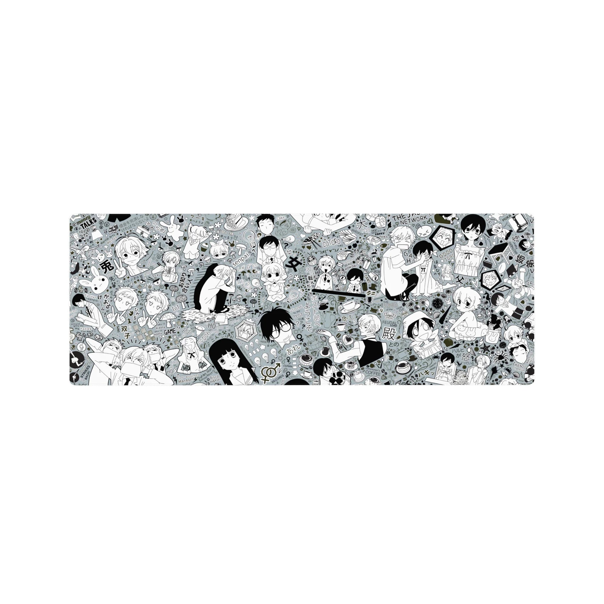 Chaotic-cute Ouran High School Host Club collage desk mat mouse pad, chibi doodles, 32x12 inches.