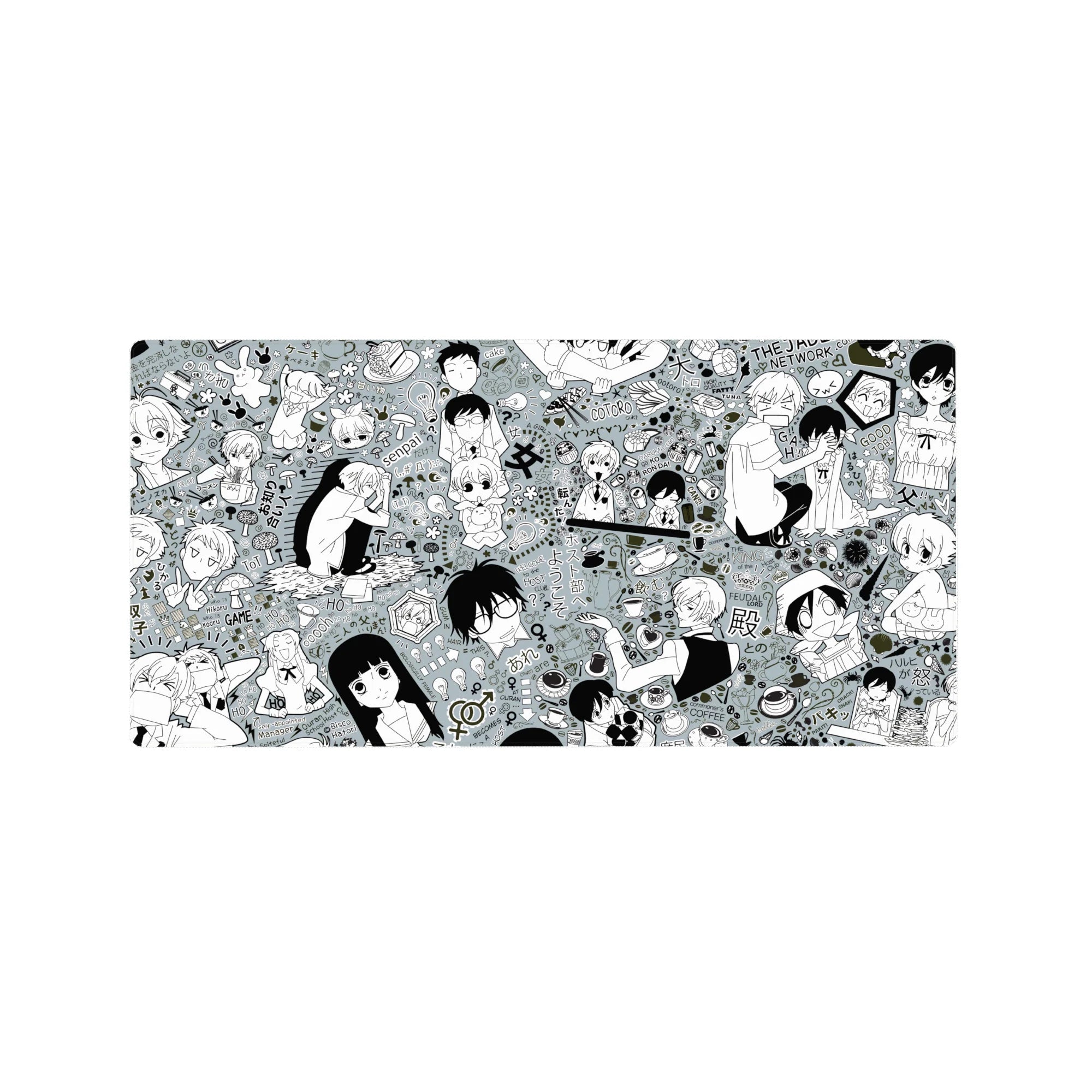 Ouran High School Host Club chaotic-cute collage anime mouse pad, chibi faces and doodles, 32x16 inches.