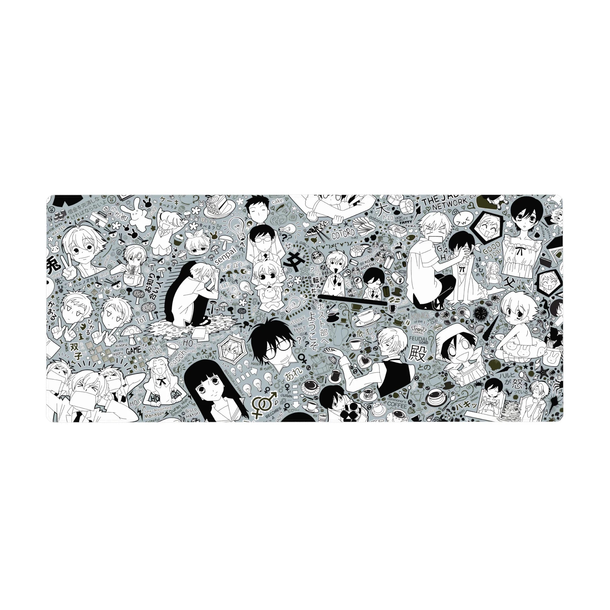 Ouran High School Host Club collage anime desk pad 36x16 inches with chibi faces, snacks, doodles.