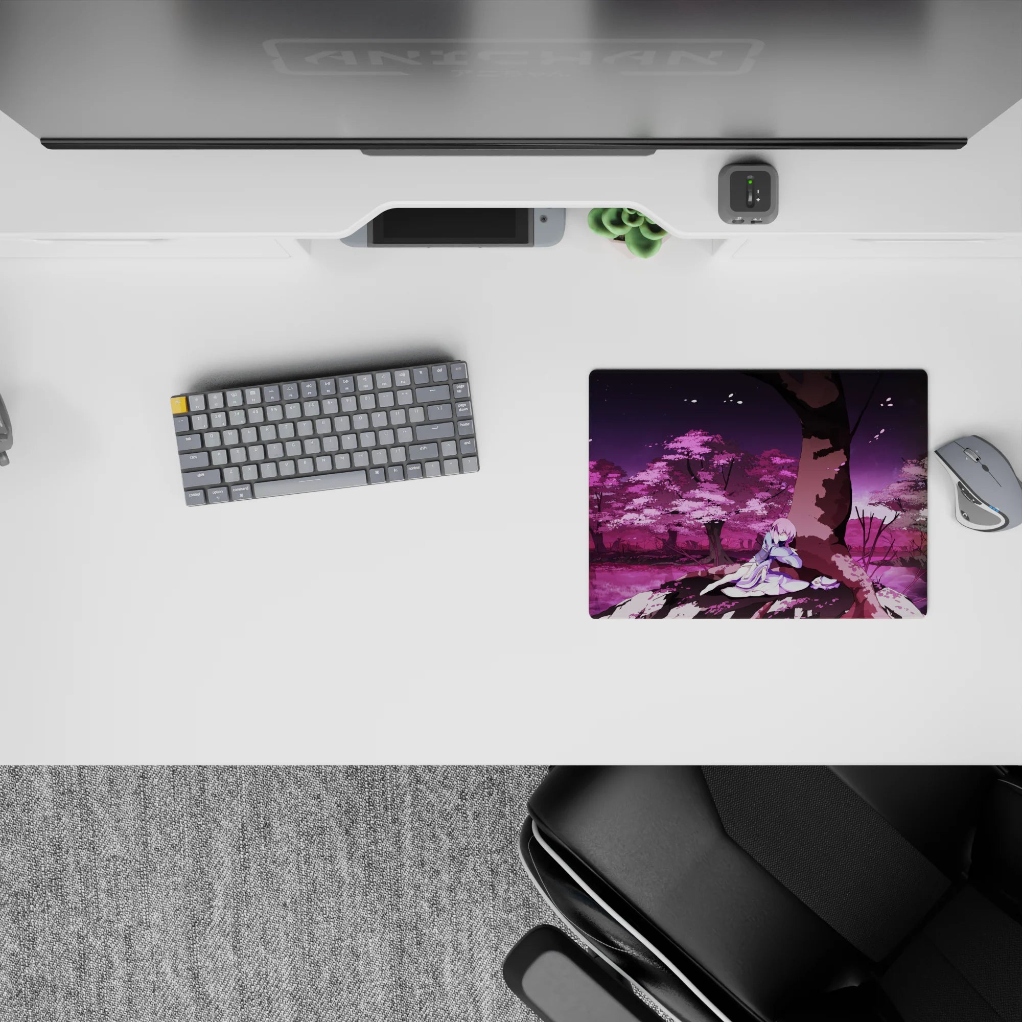 Pink sakura and violet twilight anime mouse pad 14x10 inches, calm pastel mood for long desk sessions.