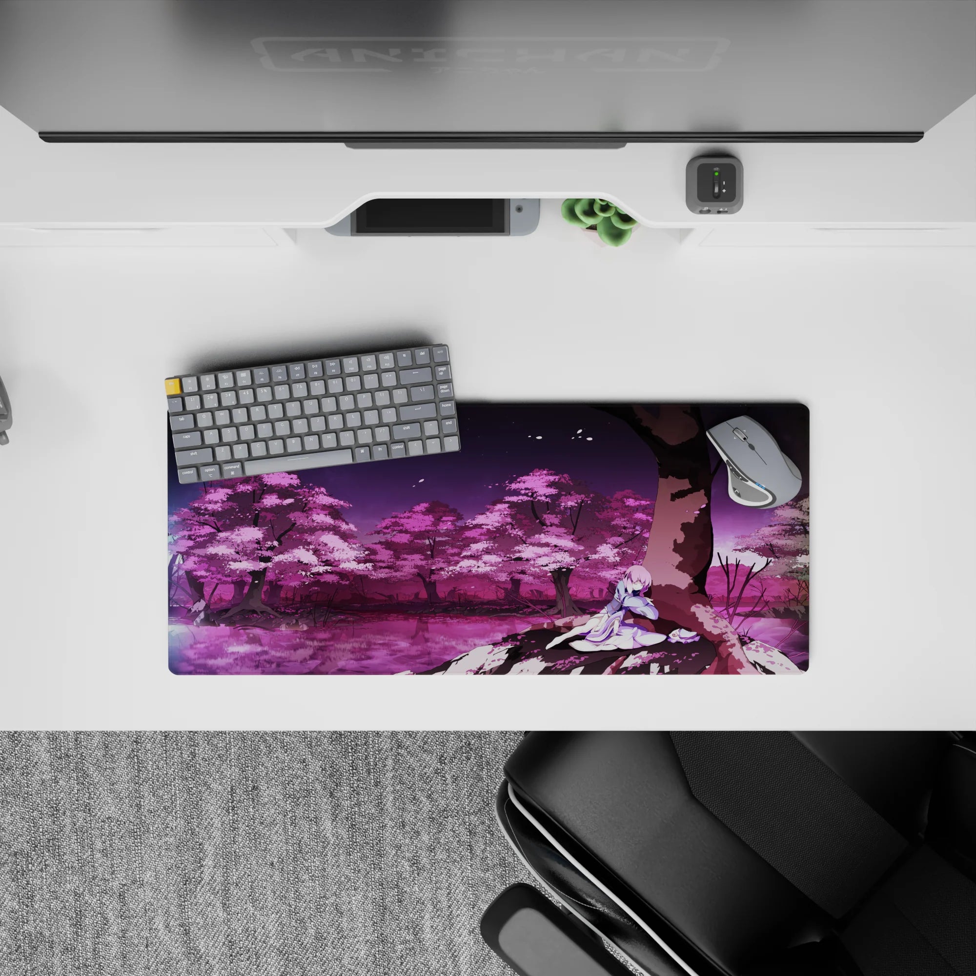 28x12 inches desk mouse pad in violet sky and candy magenta blossoms, soft twilight sakura mood.