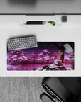 28x12 inches desk mouse pad in violet sky and candy magenta blossoms, soft twilight sakura mood.