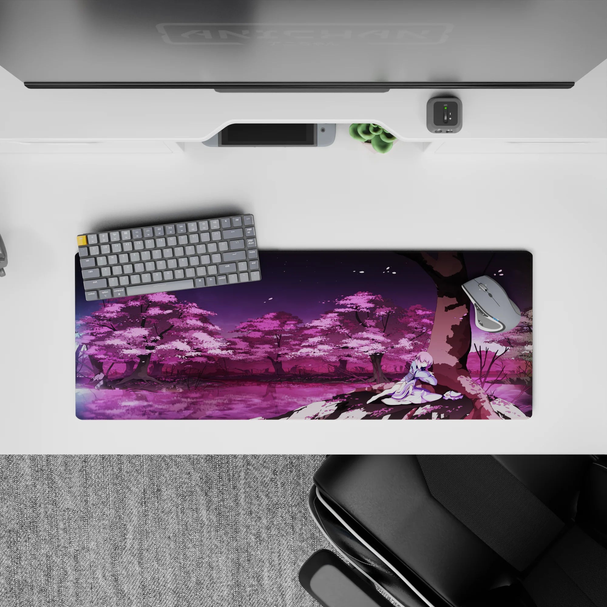 32x12 inches anime girl mouse pad in soft pink sakura and violet twilight tones, calm dreamy vibe.
