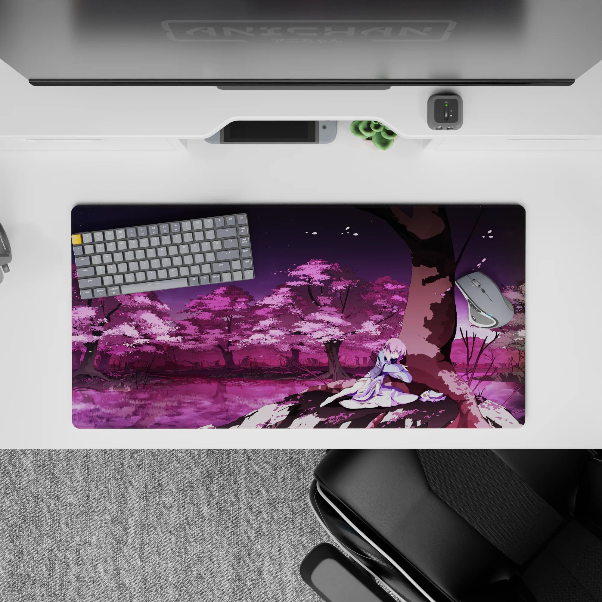 32x16 inches anime girl desk mat in violet skies and magenta blossoms, soft twilight calm aesthetic.
