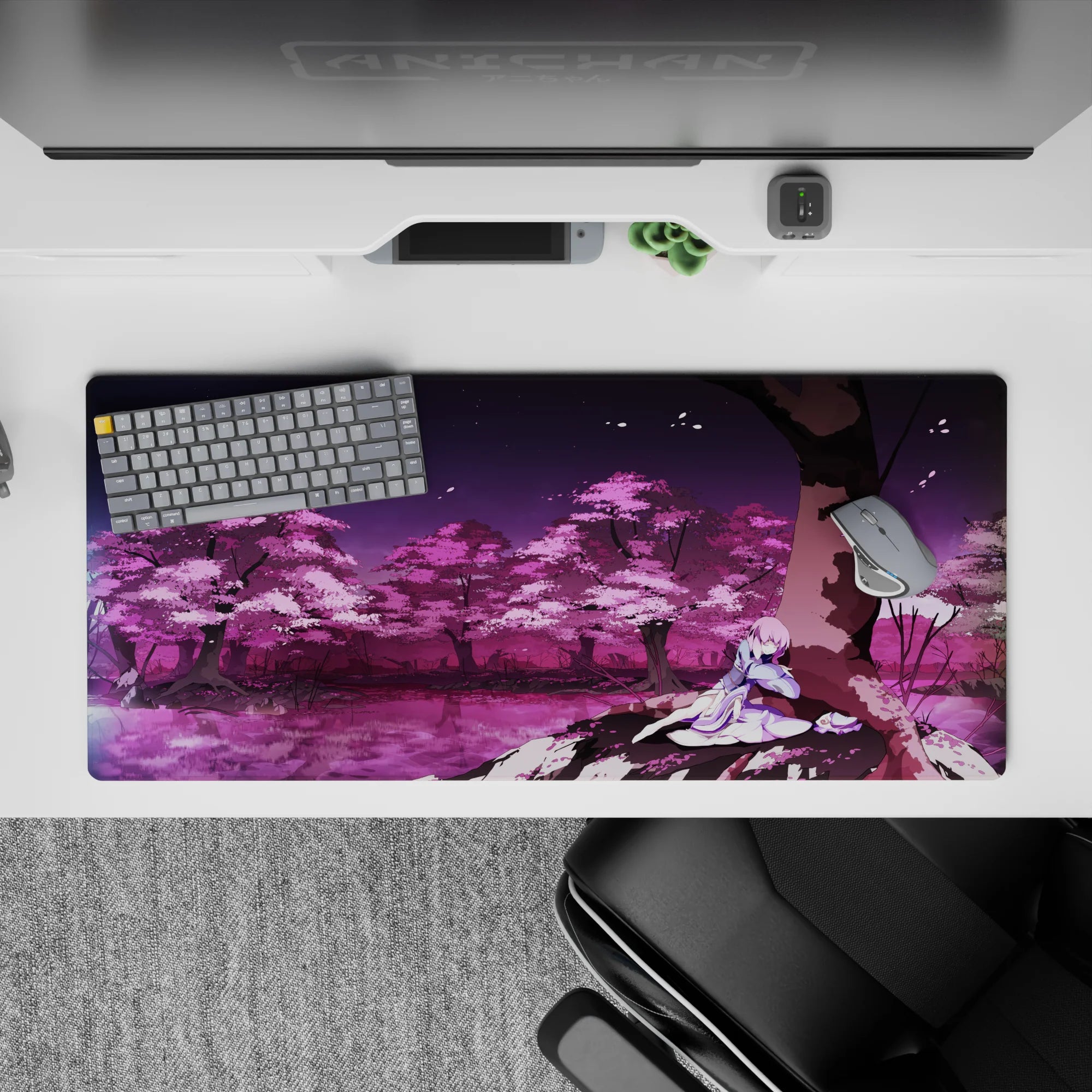 36x16 inches anime desk pad in violet twilight with candy magenta blossoms, calm dreamy vibes.