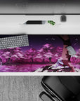 36x16 inches anime desk pad in violet twilight with candy magenta blossoms, calm dreamy vibes.