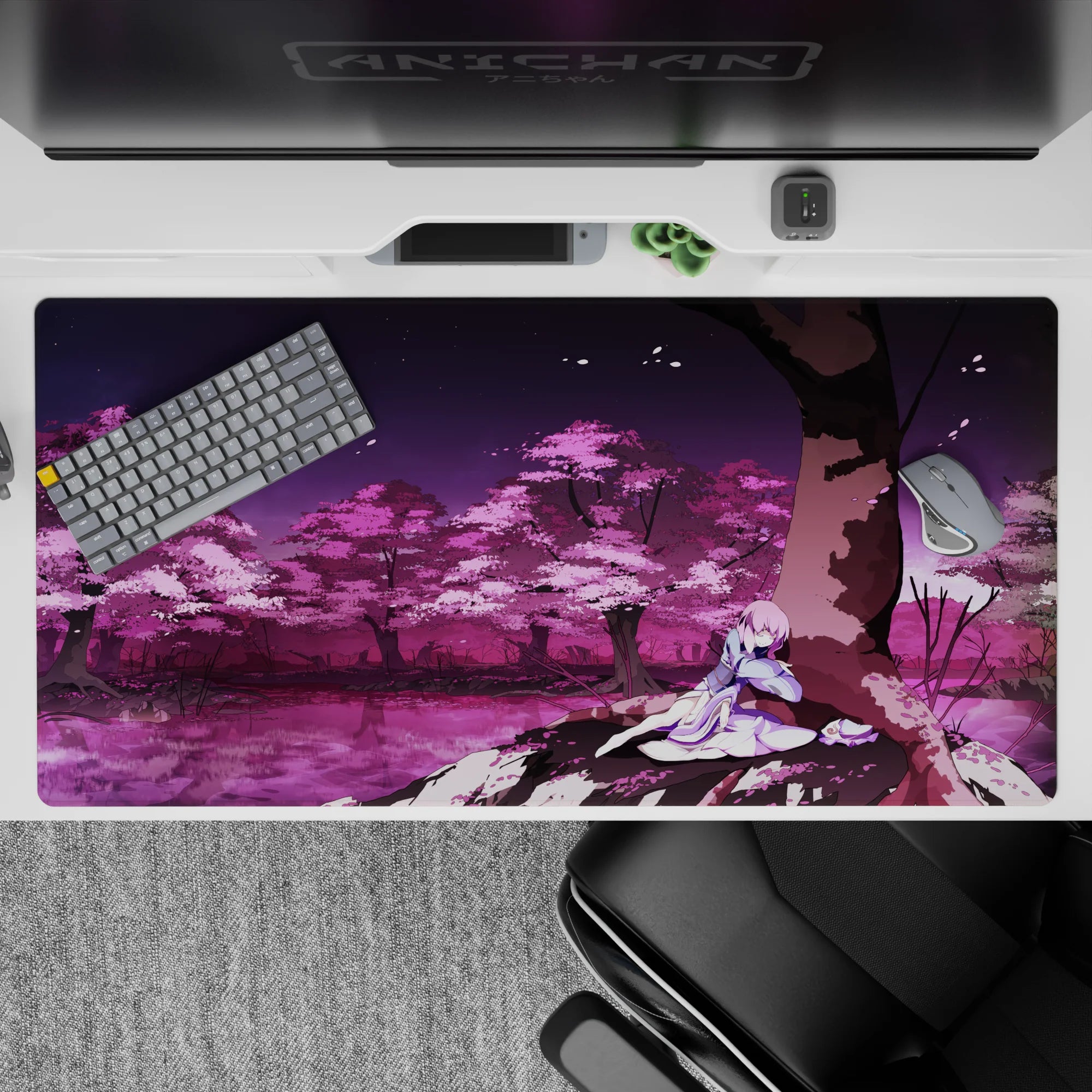 Pink sakura and violet twilight anime desk pad 40x20 inches, calm magenta blossoms for cozy gaming.