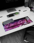 32x12 inches anime girl mouse pad showing Shiki Ryougi resting beneath magenta blossoms, flowing pale robe.