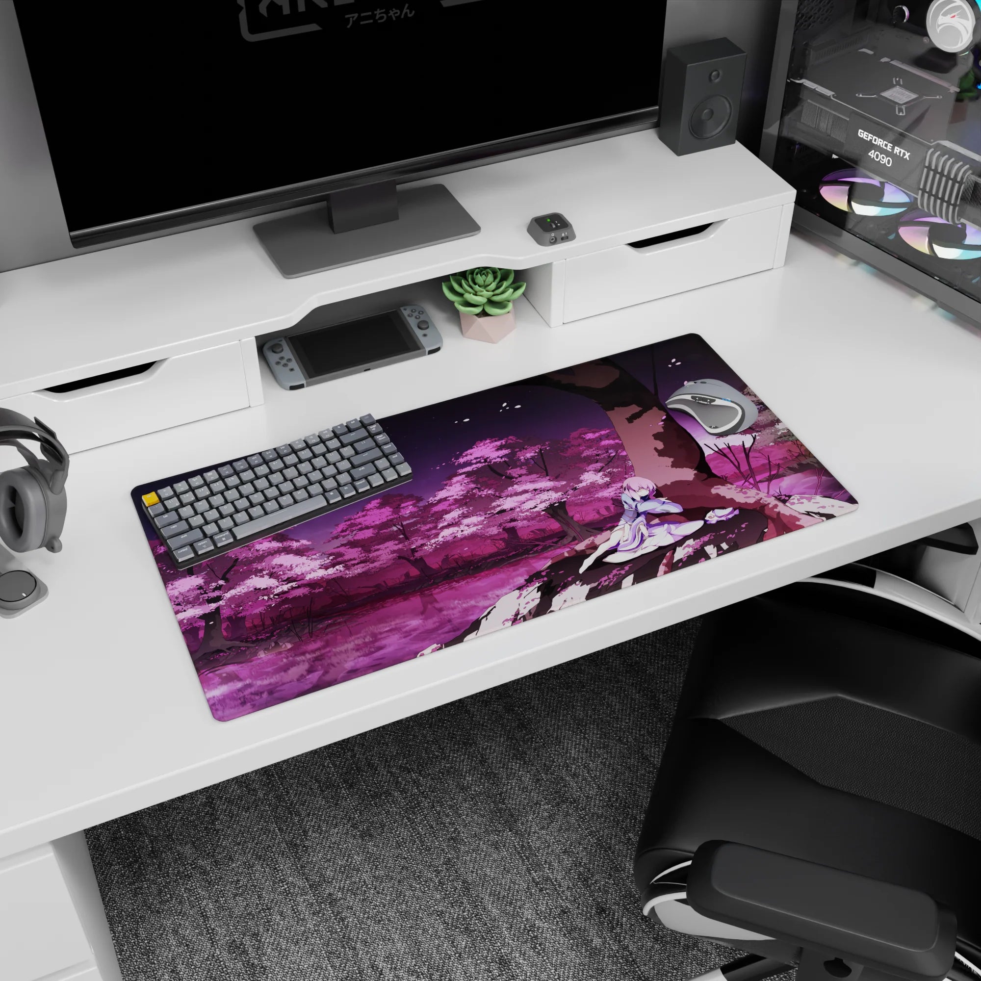 32x16 inches Shiki Ryougi mouse pad from Kara no Kyoukai, resting beneath sakura in dreamy forest.