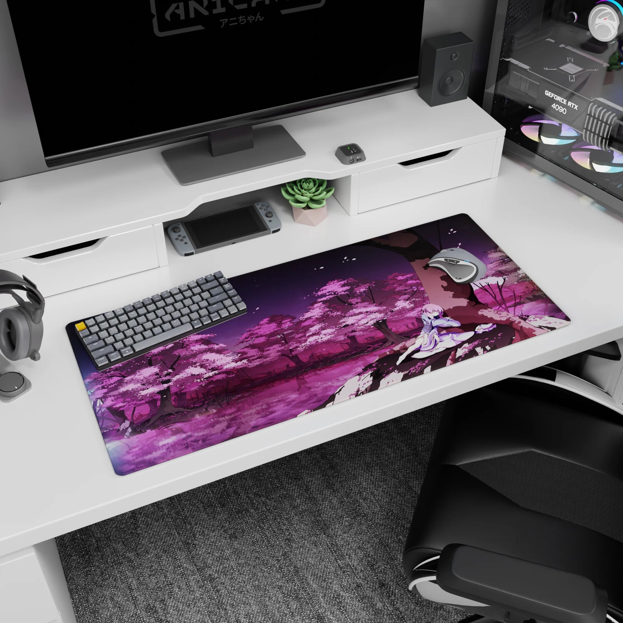Shiki Ryougi resting beneath a huge tree on a 36x16 inches anime girl mouse pad, soft sakura scene.