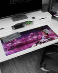 Shiki Ryougi resting beneath a huge tree on a 36x16 inches anime girl mouse pad, soft sakura scene.
