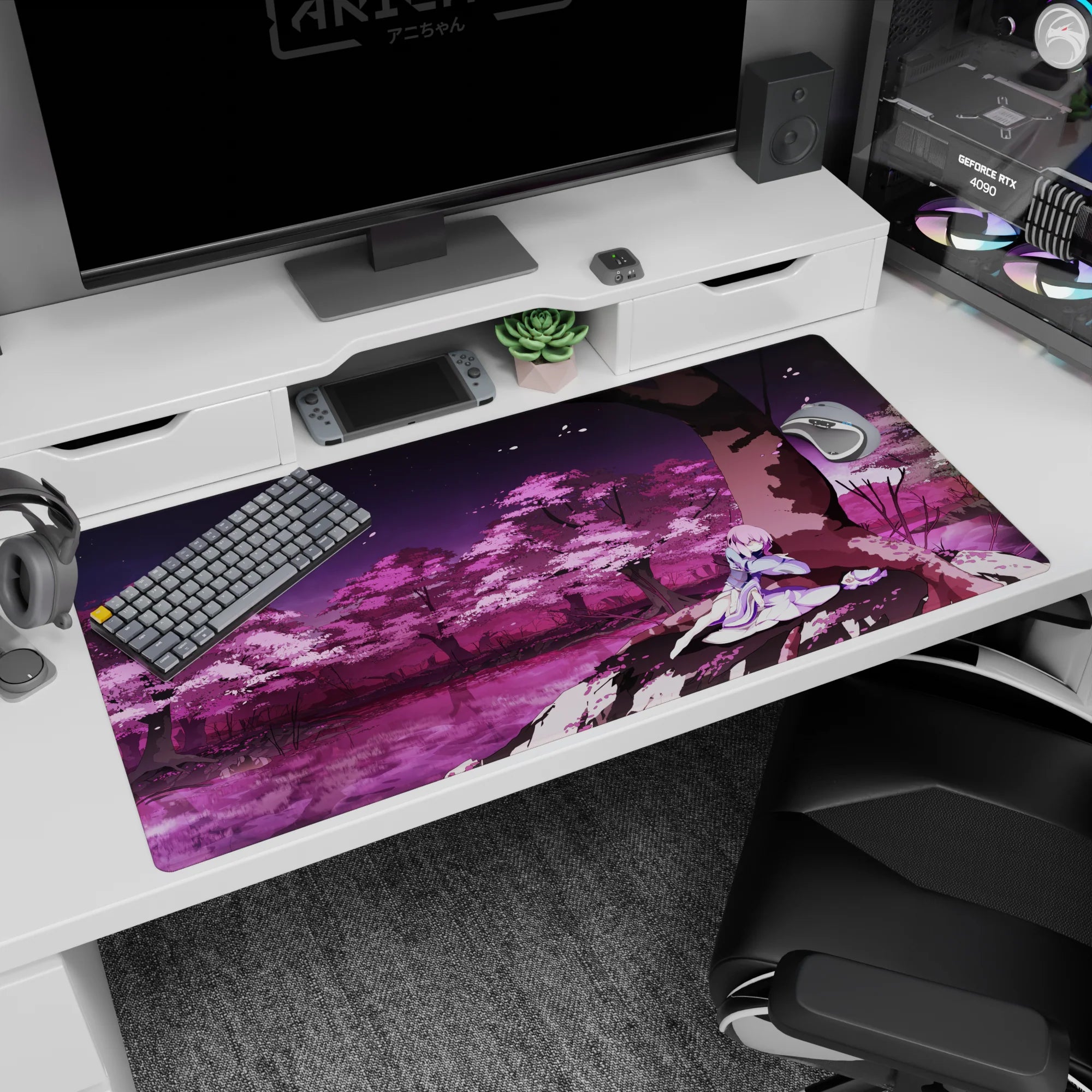 Shiki Ryougi under a giant sakura tree anime desk pad 40x20 inches, pale lavender and white robes.