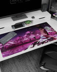 Shiki Ryougi under a giant sakura tree anime desk pad 40x20 inches, pale lavender and white robes.