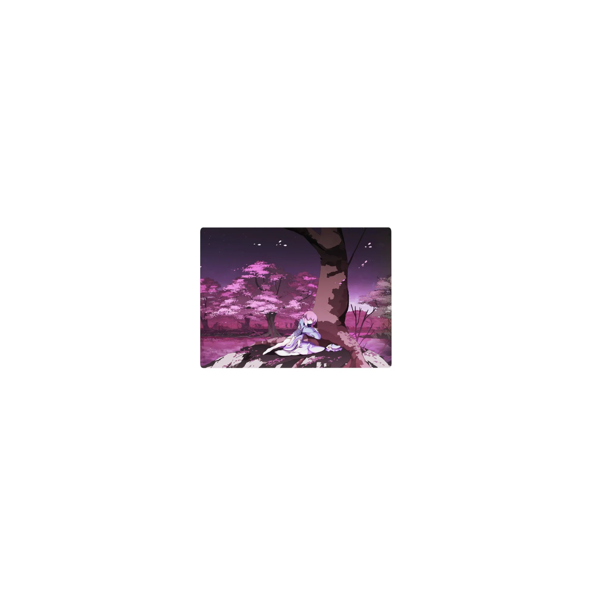Classic anime girl mouse pad 14x10 inches with sakura tree scene, flowing lavender robe, dreamy forest art.