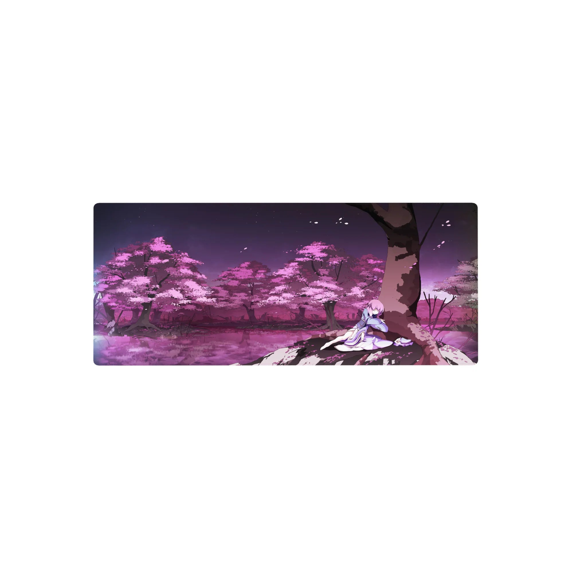 28x12 inches anime girl mouse pad with Shiki Ryougi under sakura tree, lavender robe, dreamy forest art.