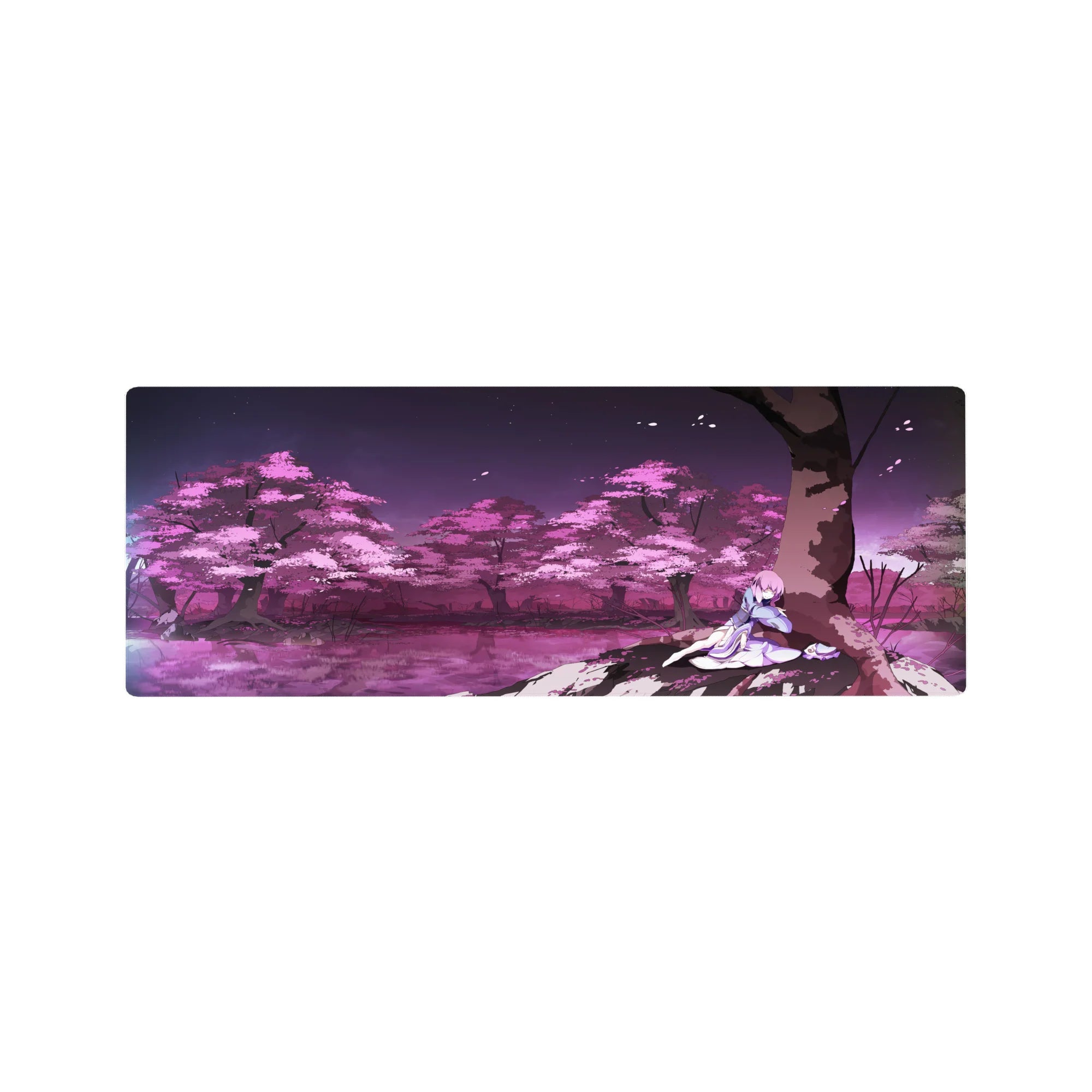 32x12 inches anime girl mouse pad with Shiki Ryougi under a sakura tree, lavender robe, violet sky.