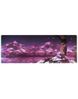 32x12 inches anime girl mouse pad with Shiki Ryougi under a sakura tree, lavender robe, violet sky.