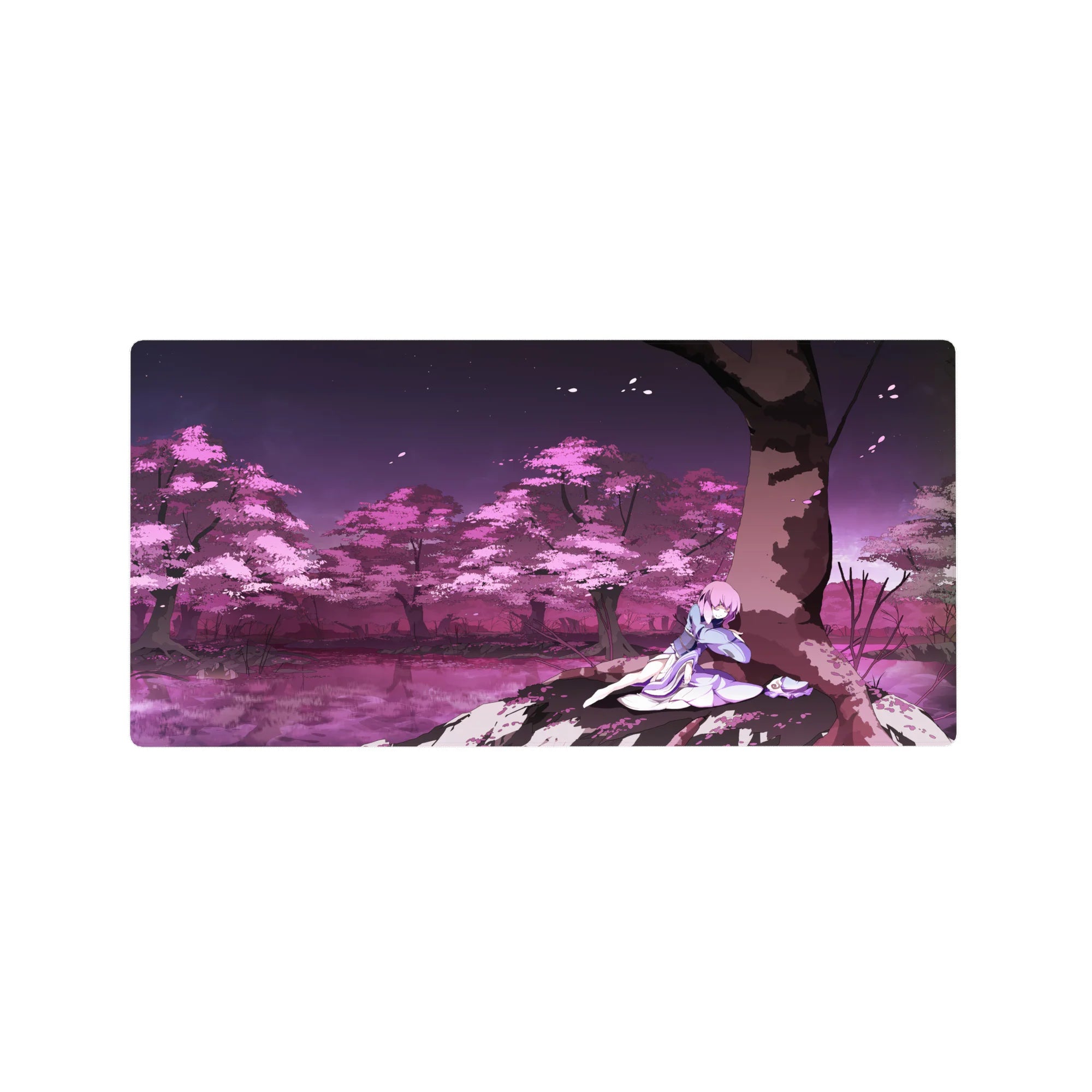 32x16 inches anime girl mouse pad with Shiki Ryougi under a giant sakura tree, flowing lavender robe.