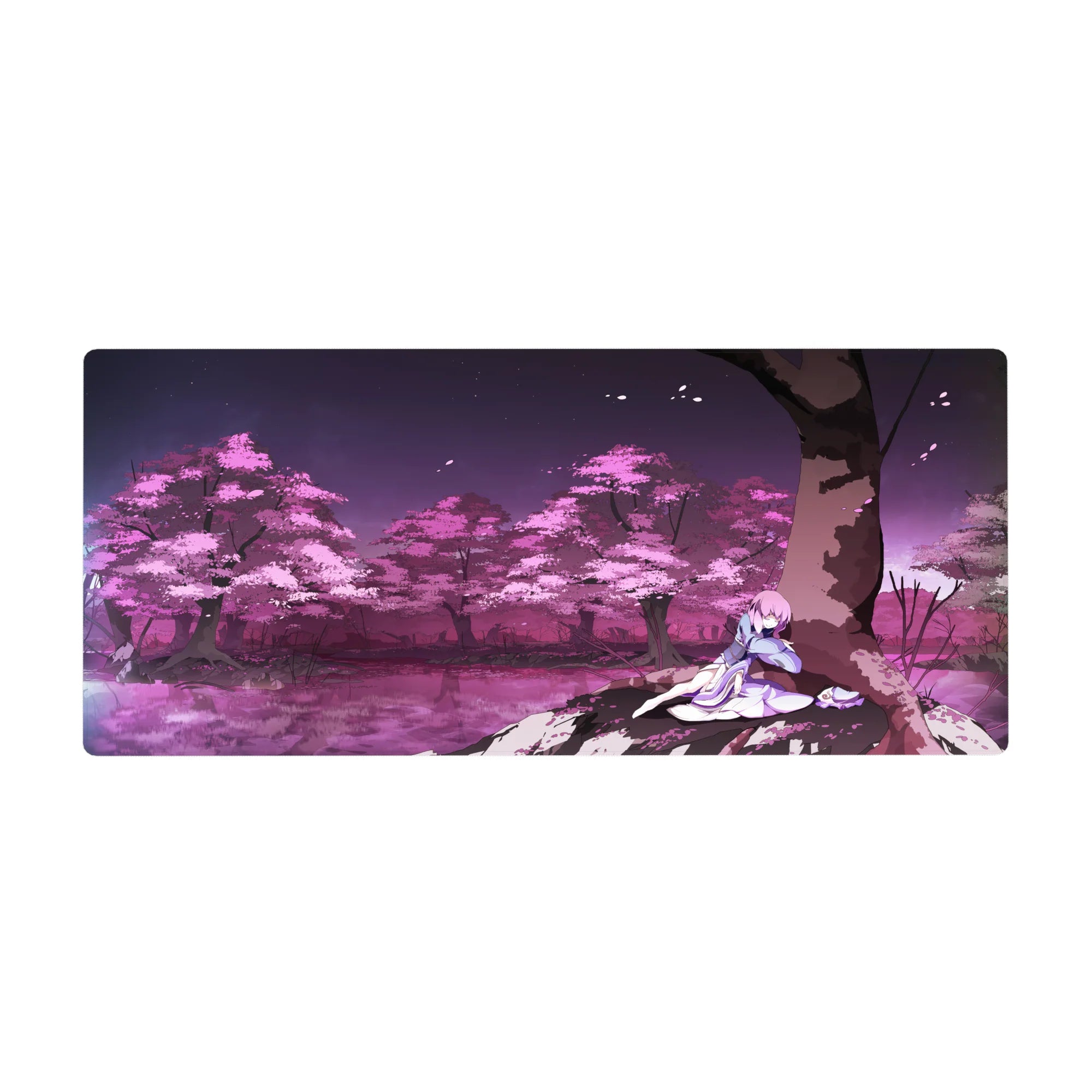 Anime girl desk pad 36x16 inches with Shiki Ryougi under sakura tree, flowing lavender robe.