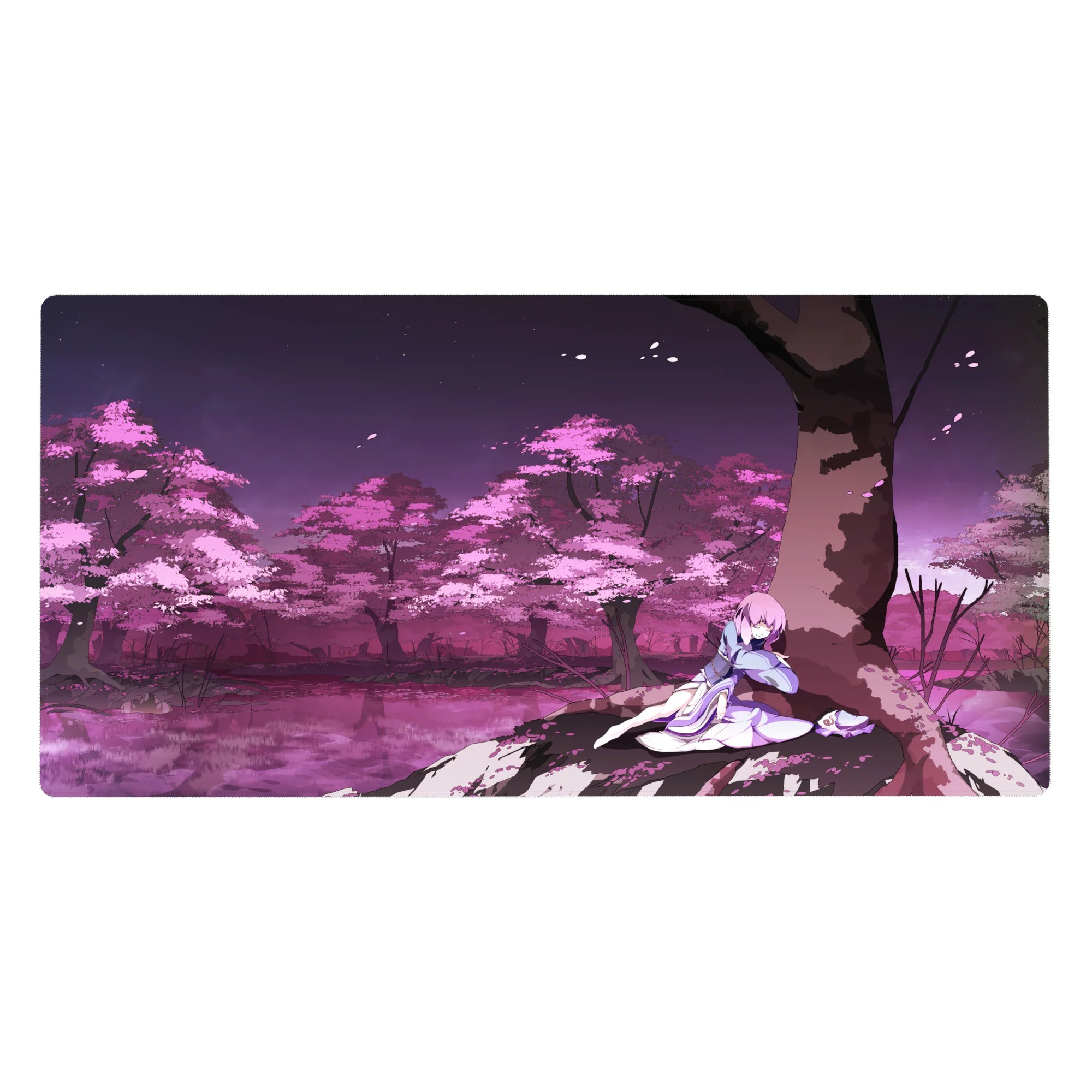 Anime girl desk pad 40x20 inches with sakura tree scene, flowing lavender robe, dreamy forest backdrop.