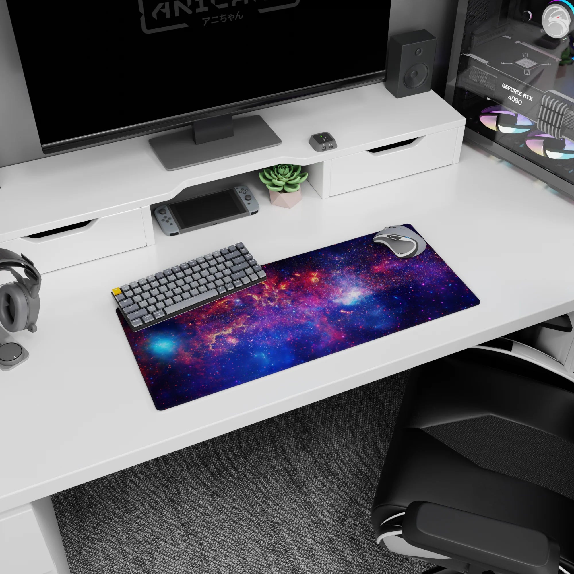 Starry night nebula scene mouse pad 28x12 inches with tiny stars over cosmic swirls.