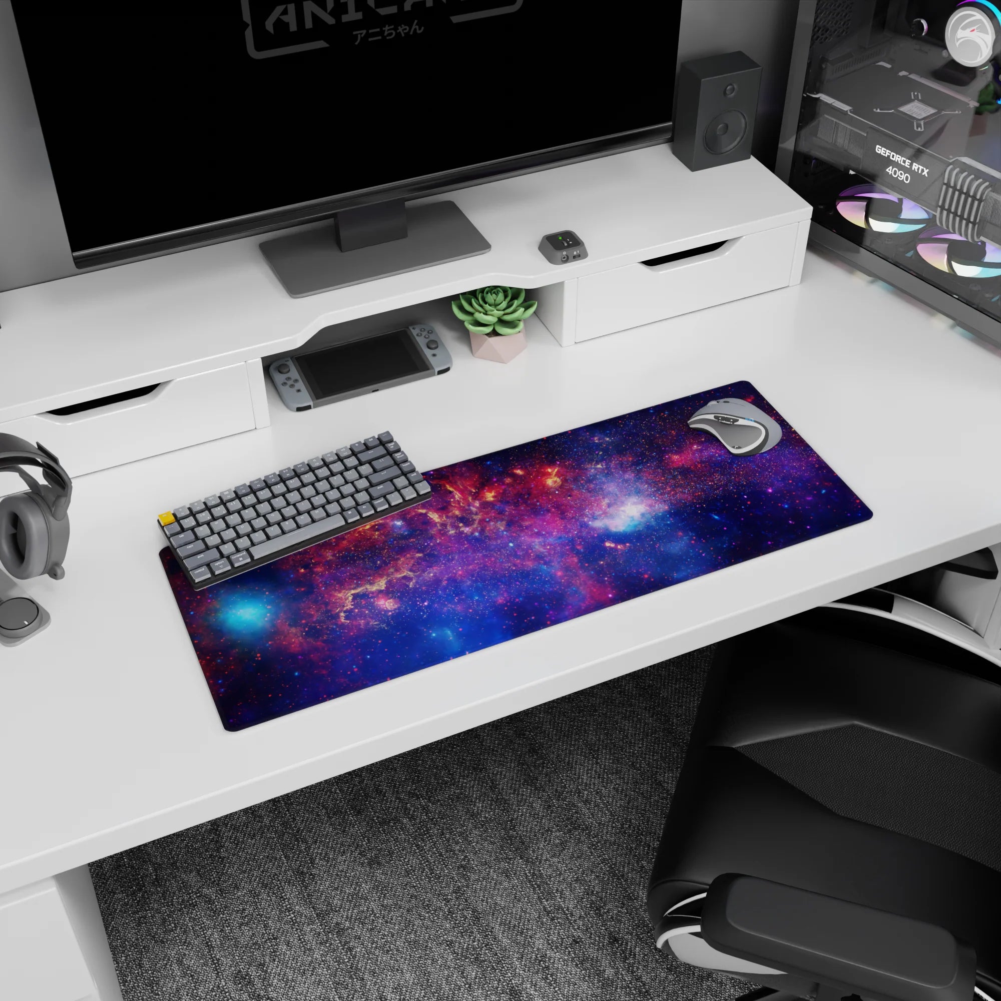 Night sky scene mouse pad 32x12 inches with tiny stars scattered across a dreamy galaxy backdrop.