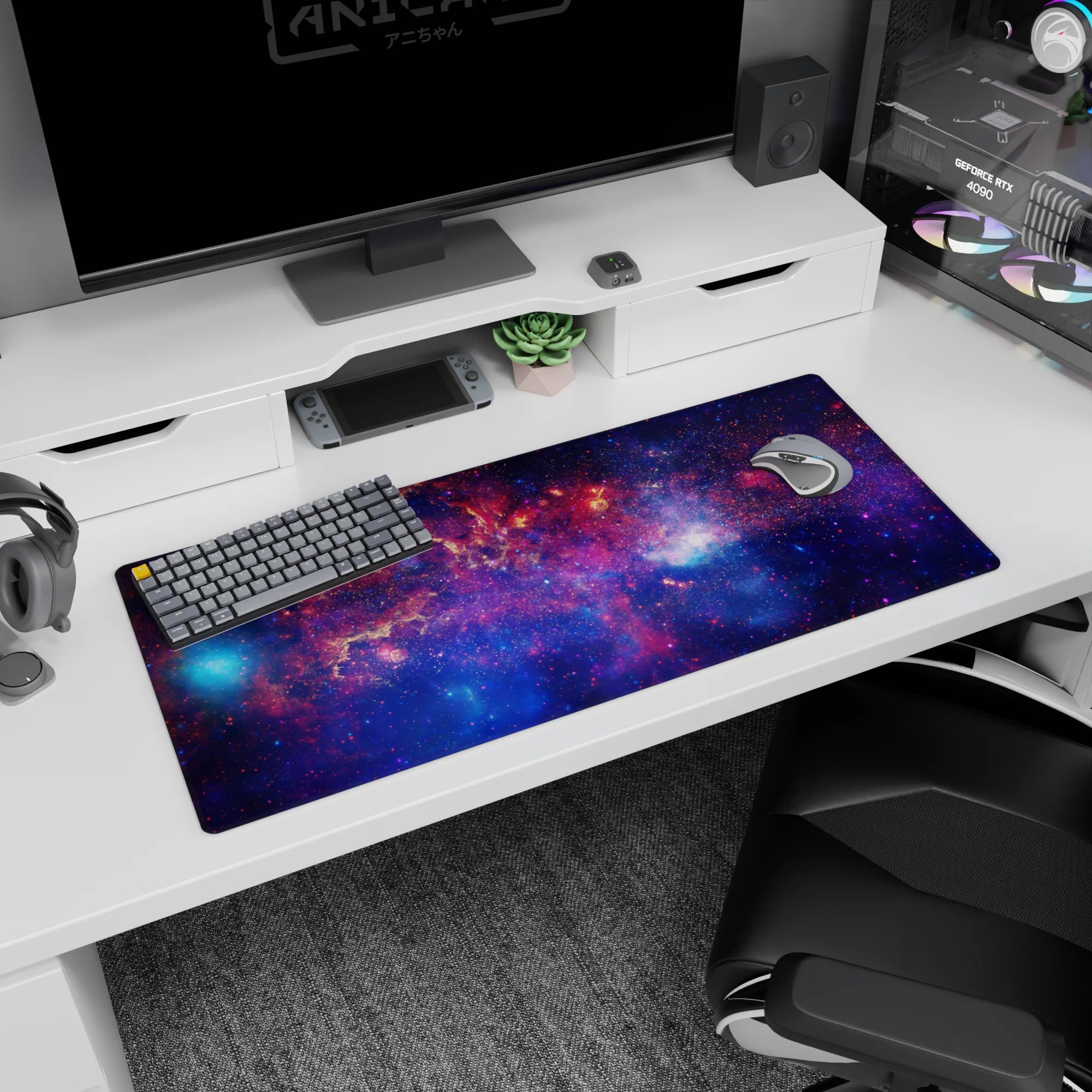 Night sky scene desk pad 36x16 inches featuring a nebula wash and star-speckled galaxy backdrop.