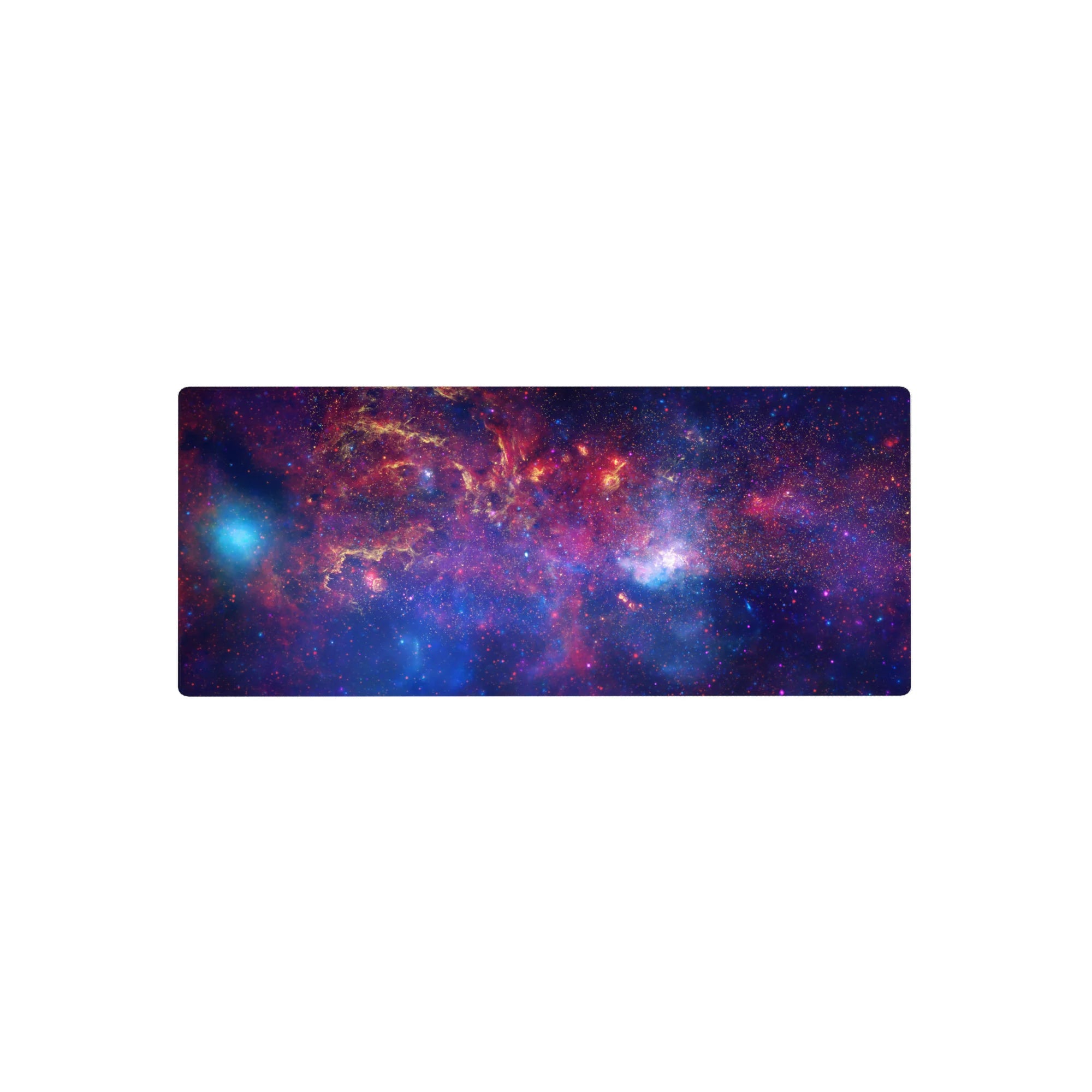 Galaxy watercolor desk mouse pad 28x12 inches with swirling nebula pattern and scattered stars.