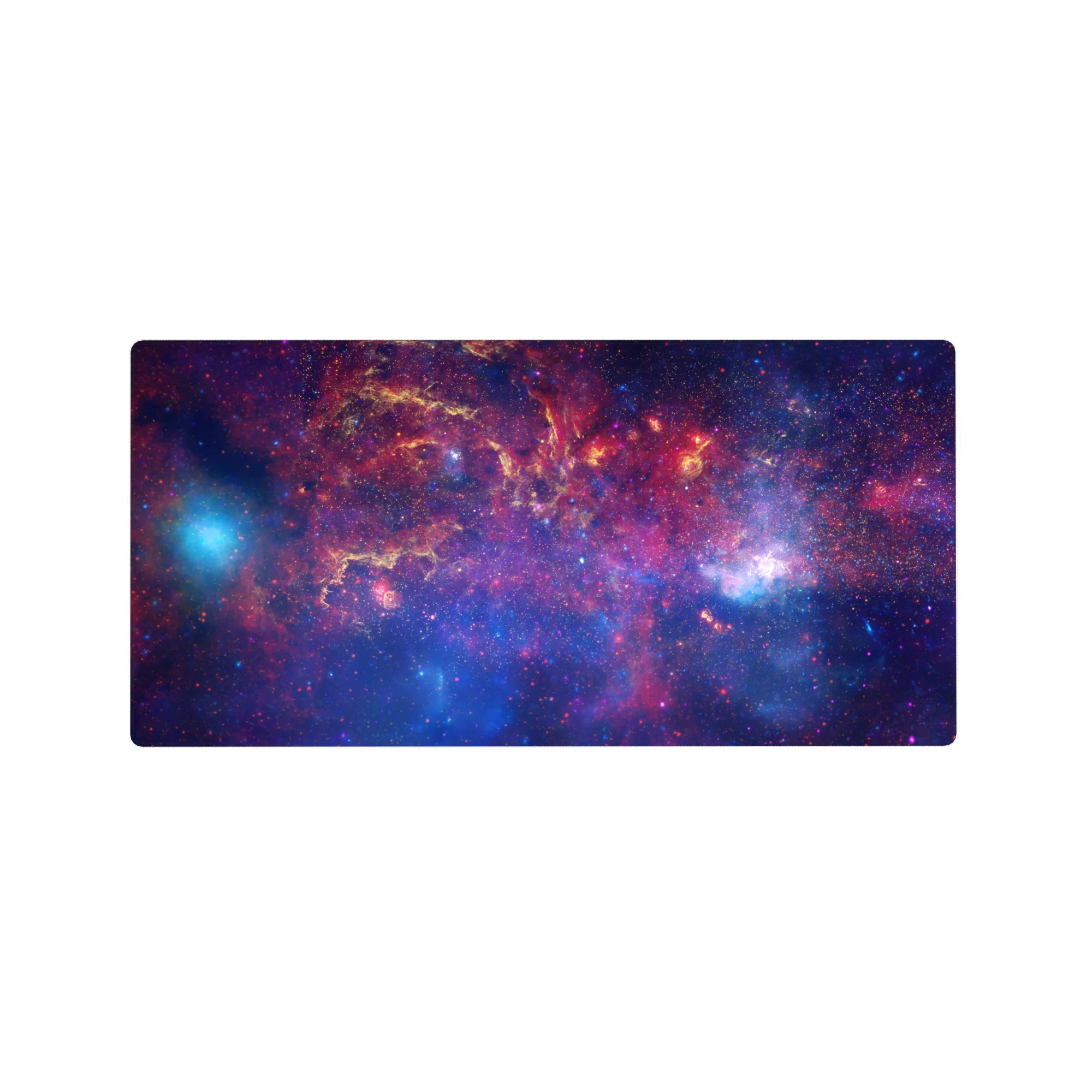 Galaxy watercolor desk mouse pad, 32x16 inches, with star-speckled cosmic swirls across the surface.
