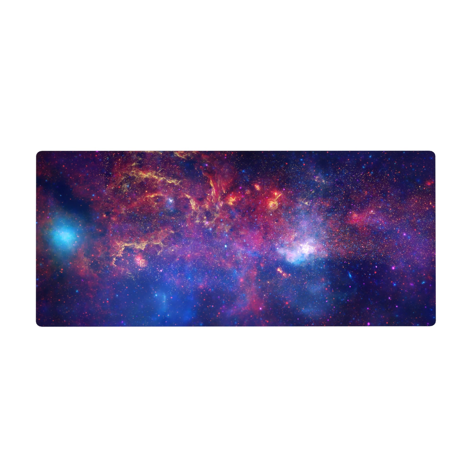 Galaxy watercolor starfield desk pad, 36x16 inches, with nebula swirls and scattered tiny stars.