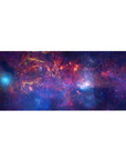 Galaxy watercolor starfield desk pad, 36x16 inches, with nebula swirls and scattered tiny stars.