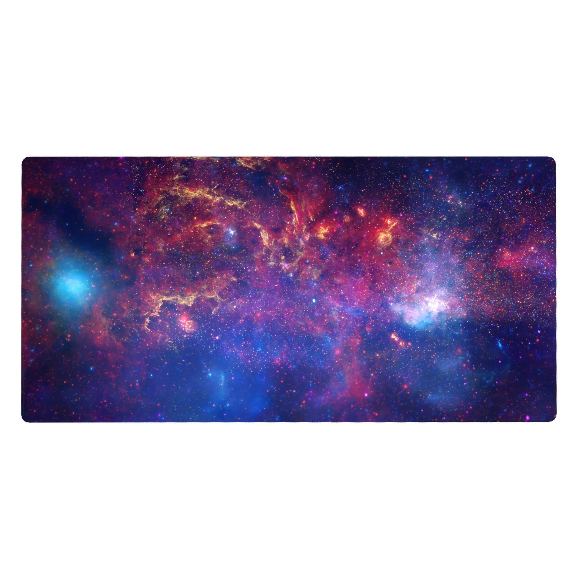 Galaxy watercolor desk pad with starry cosmic swirls, smooth surface, 40x20 inches.