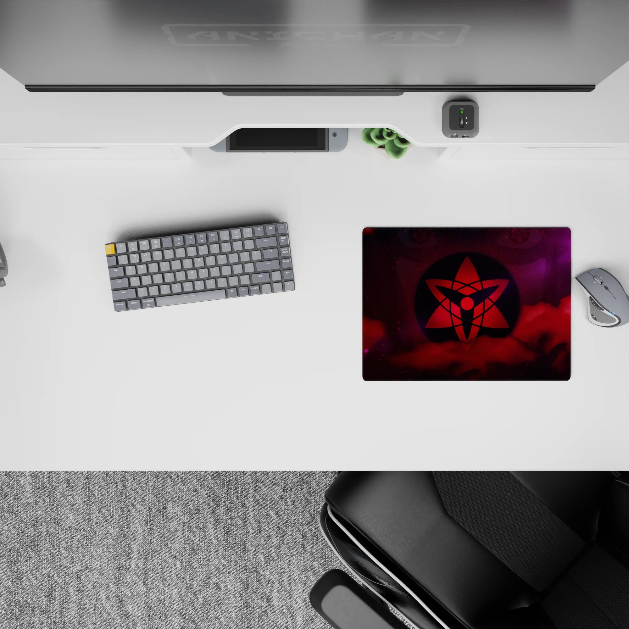 Anime mouse pad 14x10 inches in bold crimson and cosmic purple, intense shinobi mood with starburst glow.