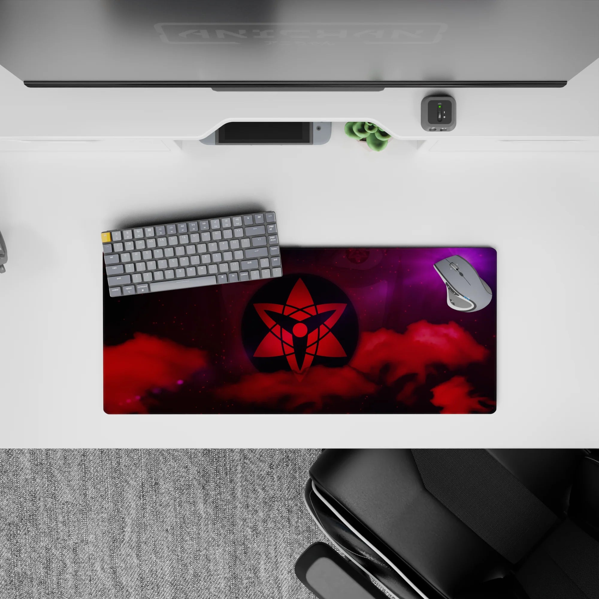 28x12 inches anime mouse pad in bold reds and cosmic purples, mysterious shinobi mood with violet flare.