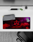 28x12 inches anime mouse pad in bold reds and cosmic purples, mysterious shinobi mood with violet flare.