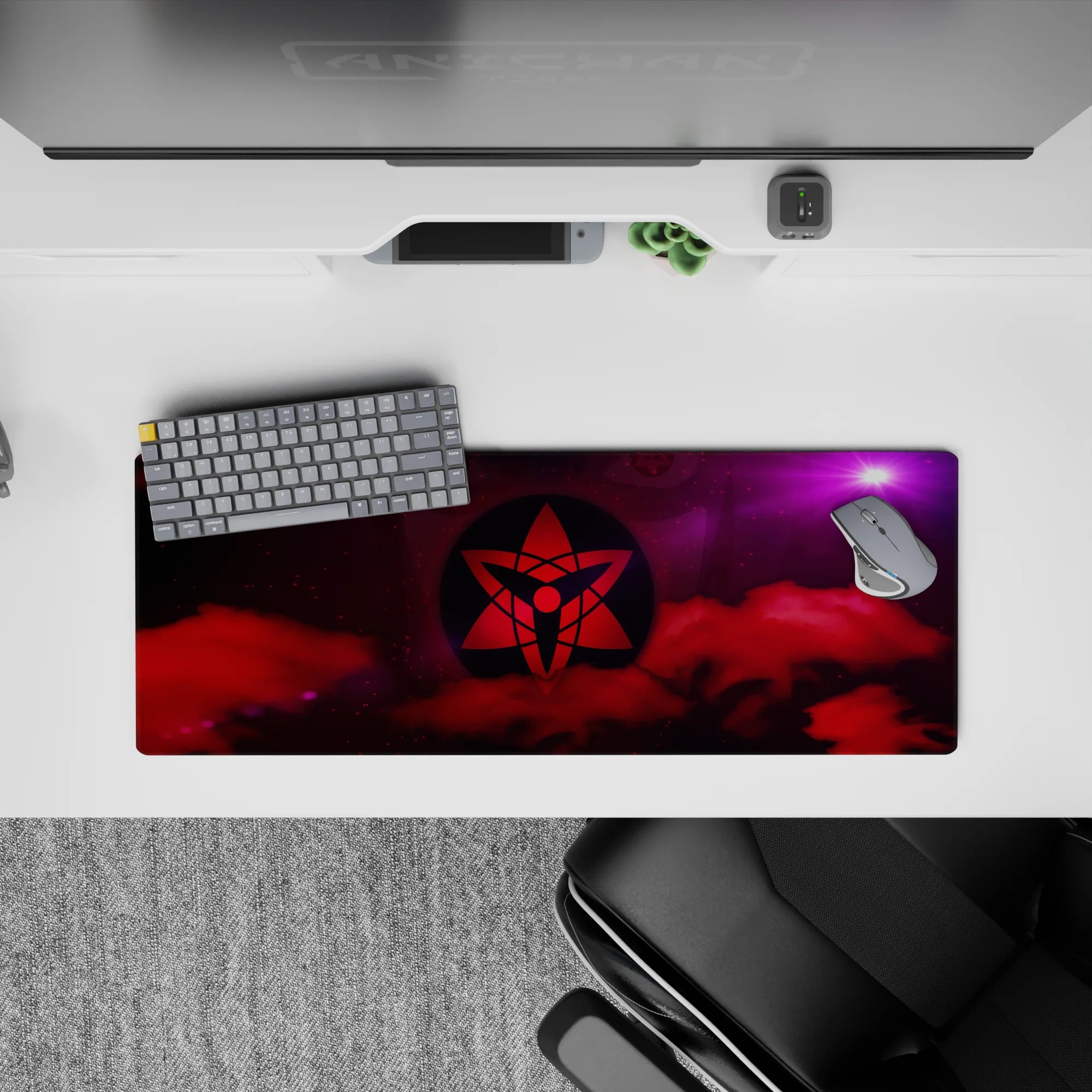 Anime mouse pad 32x12 inches in bold reds and cosmic purples, mysterious shinobi mood with violet starburst.