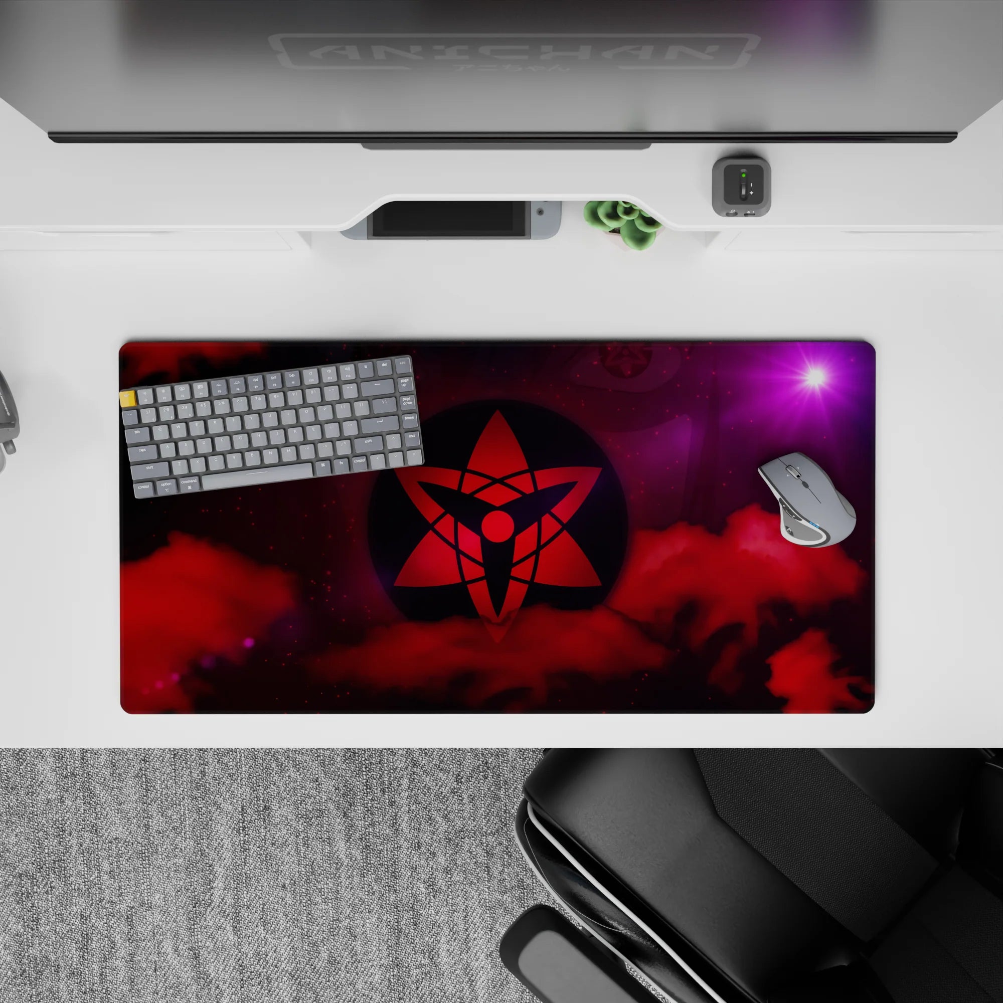 32x16 inches anime mouse pad in bold reds and cosmic purples with a mysterious, intense shinobi mood.