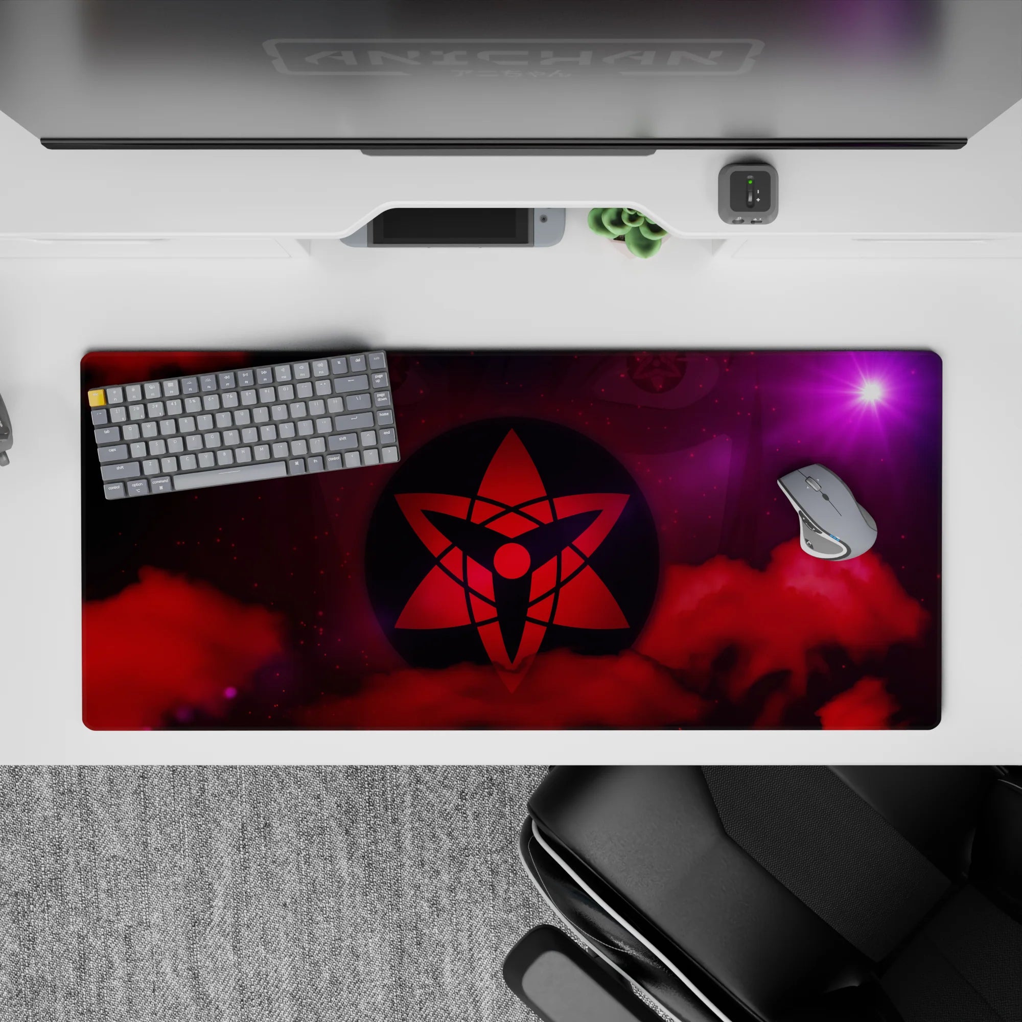 Anime desk pad 36x16 inches in bold reds and cosmic purples, intense mysterious shinobi mood.