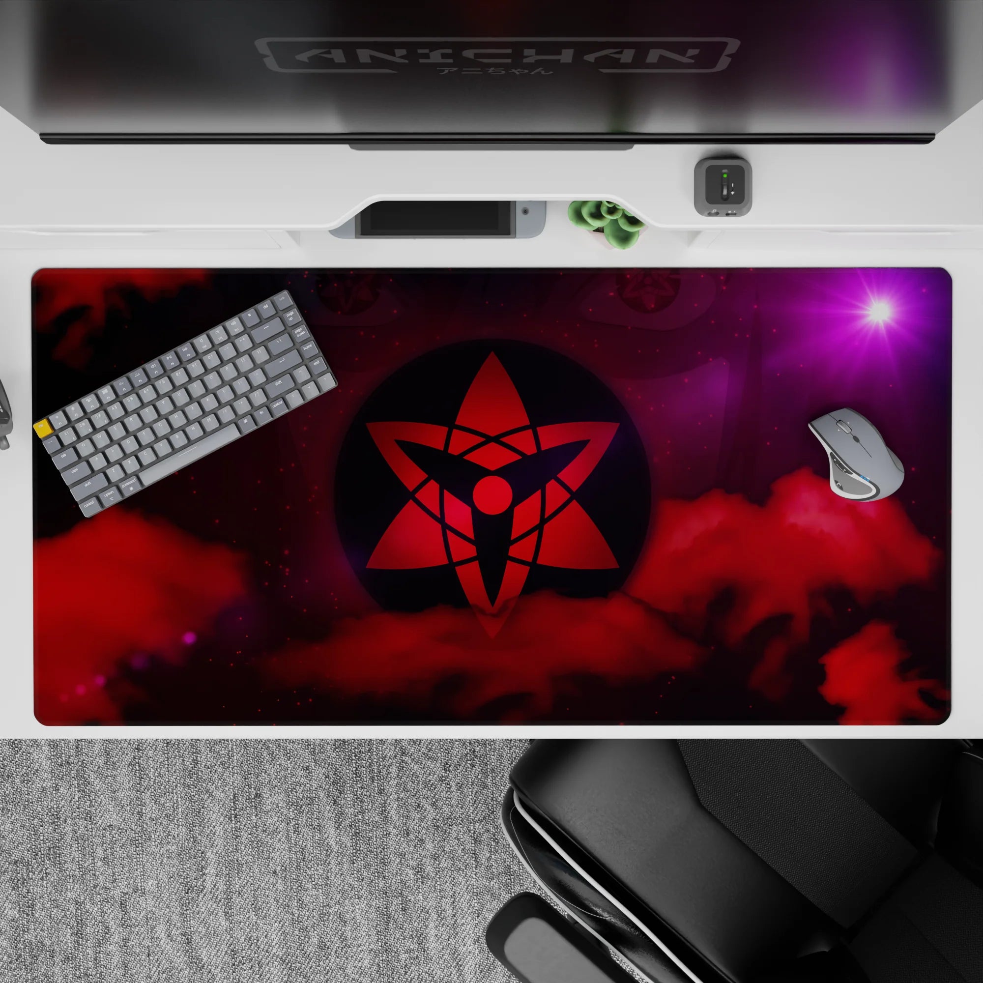 40x20 inches anime desk pad in bold reds and cosmic purples, moody shinobi-clan vibe for RGB gaming setups.