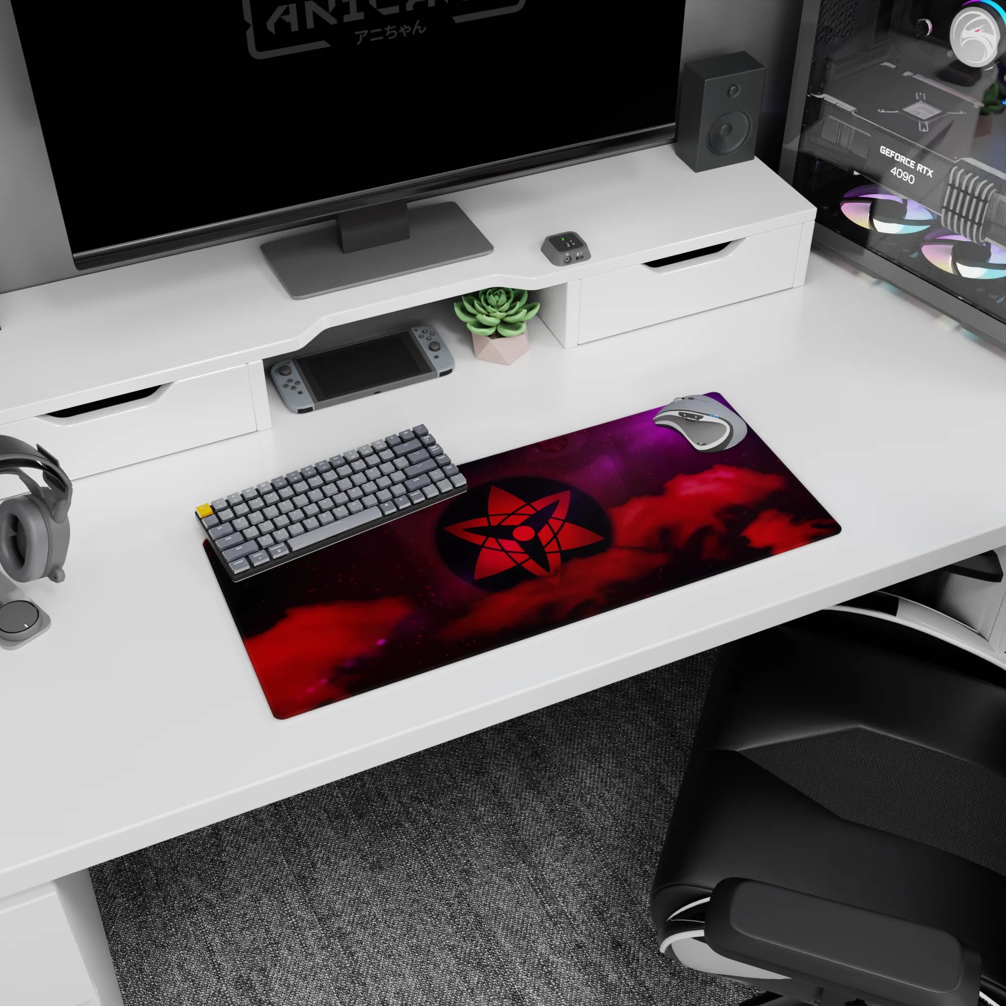 28x12 inches anime mouse pad showing a secret clan emblem hovering above crimson smoke with starburst light.