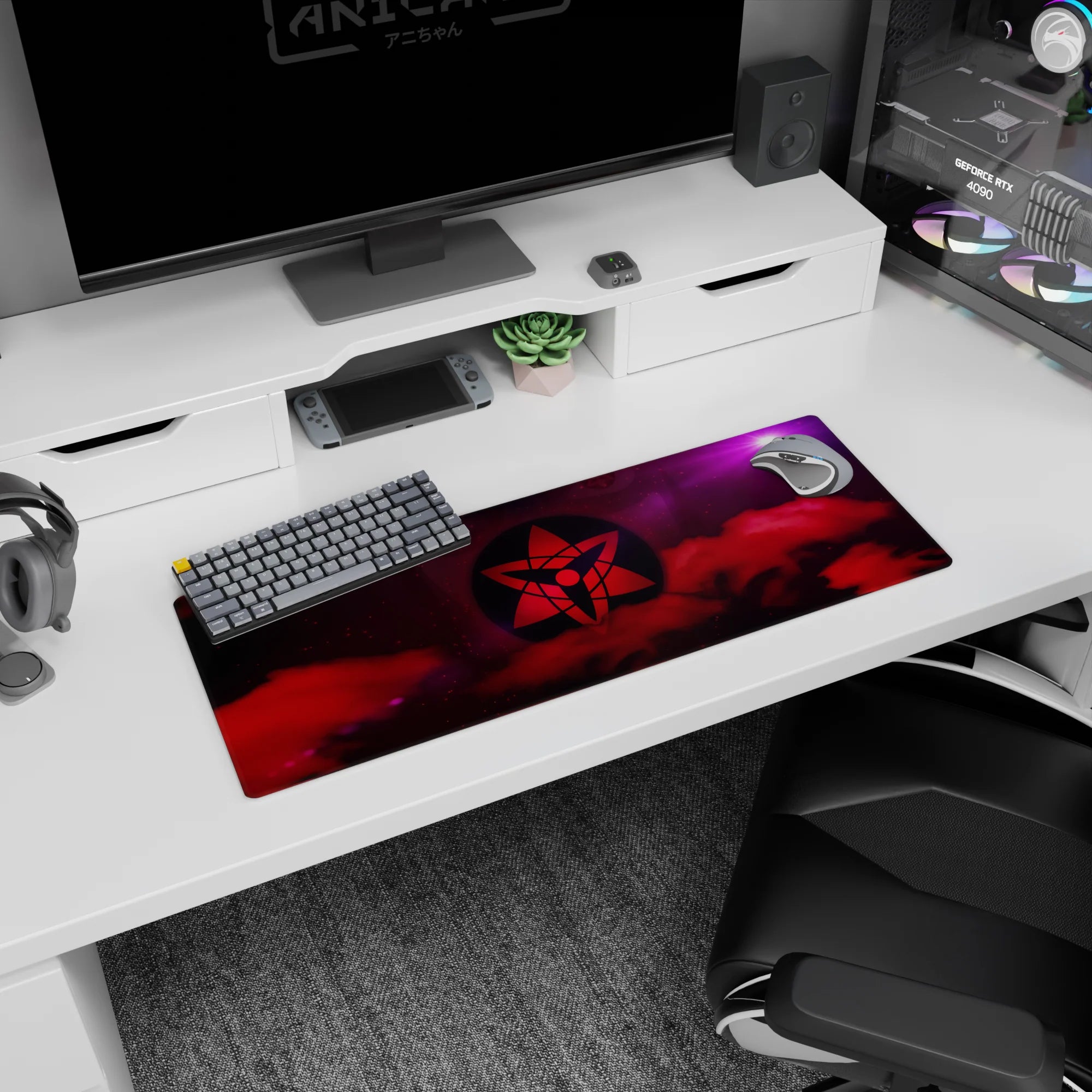 Anime mouse pad 32x12 inches showing a secret clan emblem hovering above crimson smoke, like a watchful ninja.