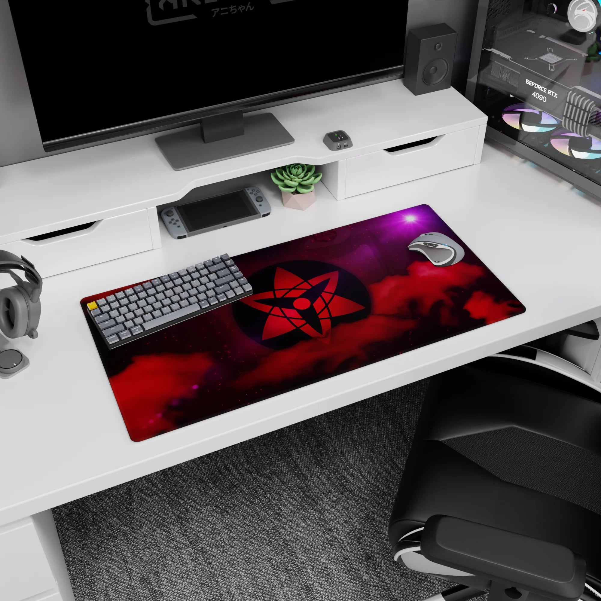 32x16 inches anime mouse pad showing a secret clan emblem hovering above crimson smoke and violet flare.