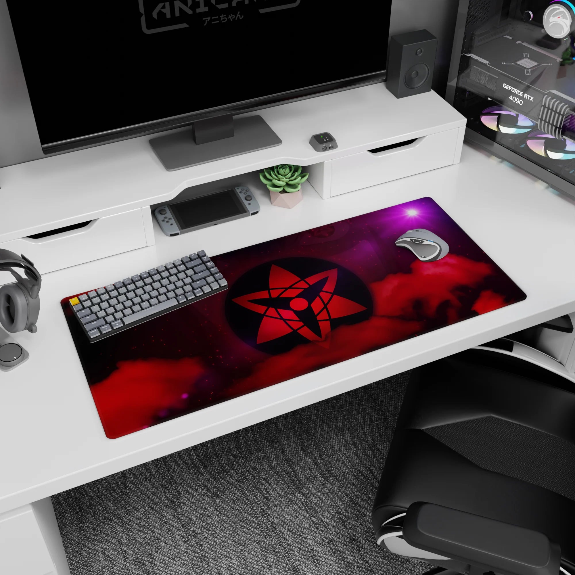 Anime desk pad 36x16 inches showing a secret clan crest-like red emblem floating above misty clouds.