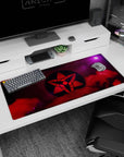 Anime desk pad 36x16 inches showing a secret clan crest-like red emblem floating above misty clouds.