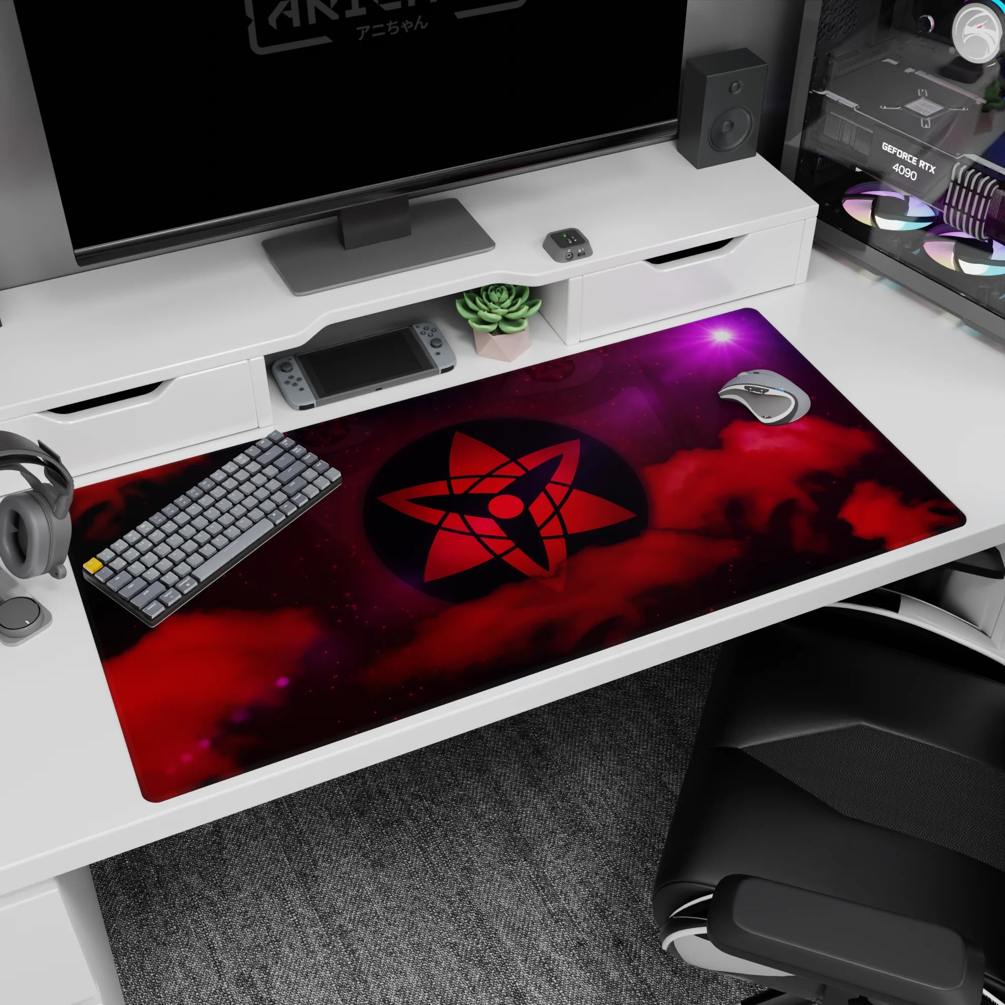 40x20 inches anime desk pad showing a floating clan crest sigil above misty red clouds with a violet burst.